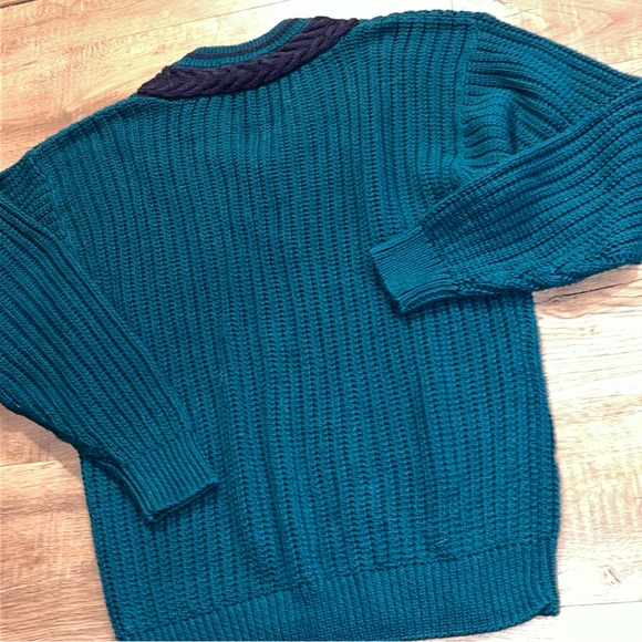 90s preppy blue striped tennis sweater Cable Knit Turquoise VNeck MEN Lg College - Picture 4 of 12